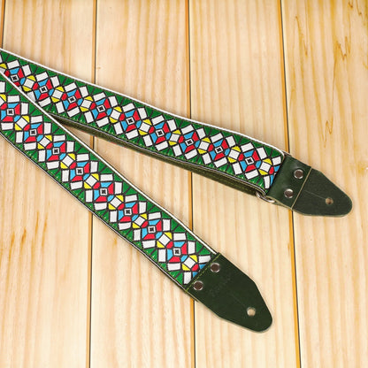 Green Stockholm guitar strap made with a jacquard fabric- detail