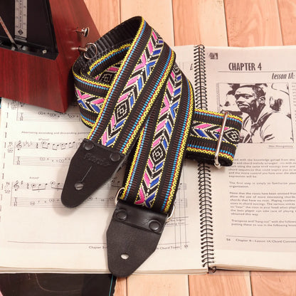 A close-up of the front section, highlighting the woven jacquard fabric and intricate Native-inspired design details