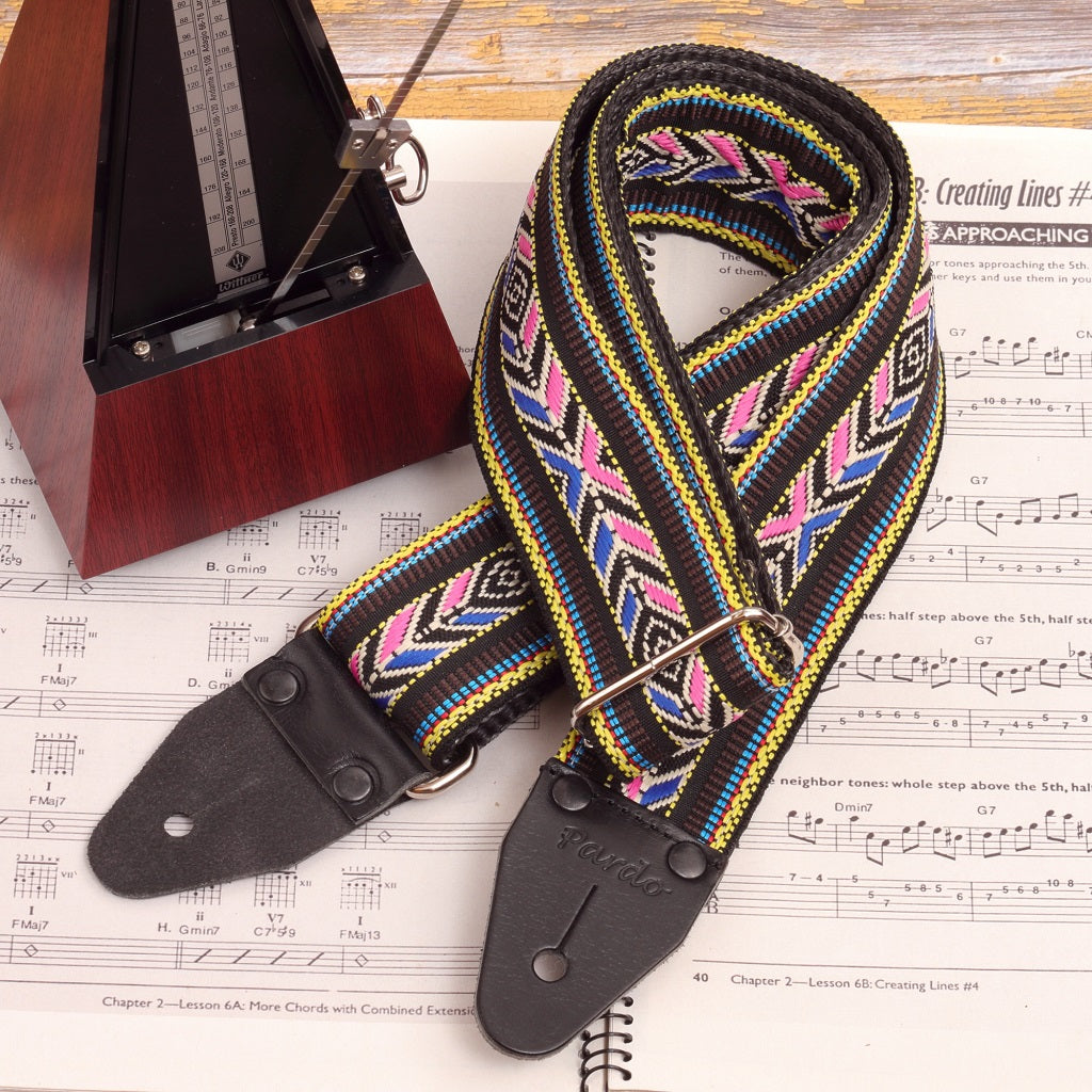 A close-up of the front section, highlighting the woven jacquard fabric and intricate Native-inspired design details