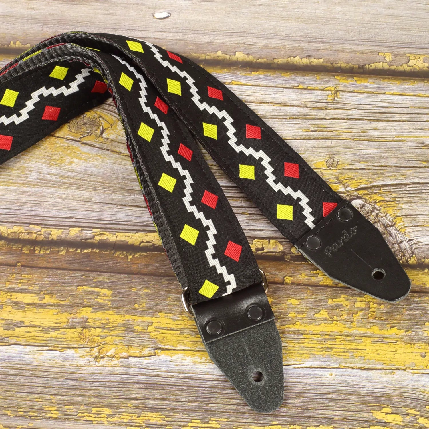 Jacquard fabric Diamonds guitar strap inspired by the George Harrison guitar strap, featuring colorful diamond pattern