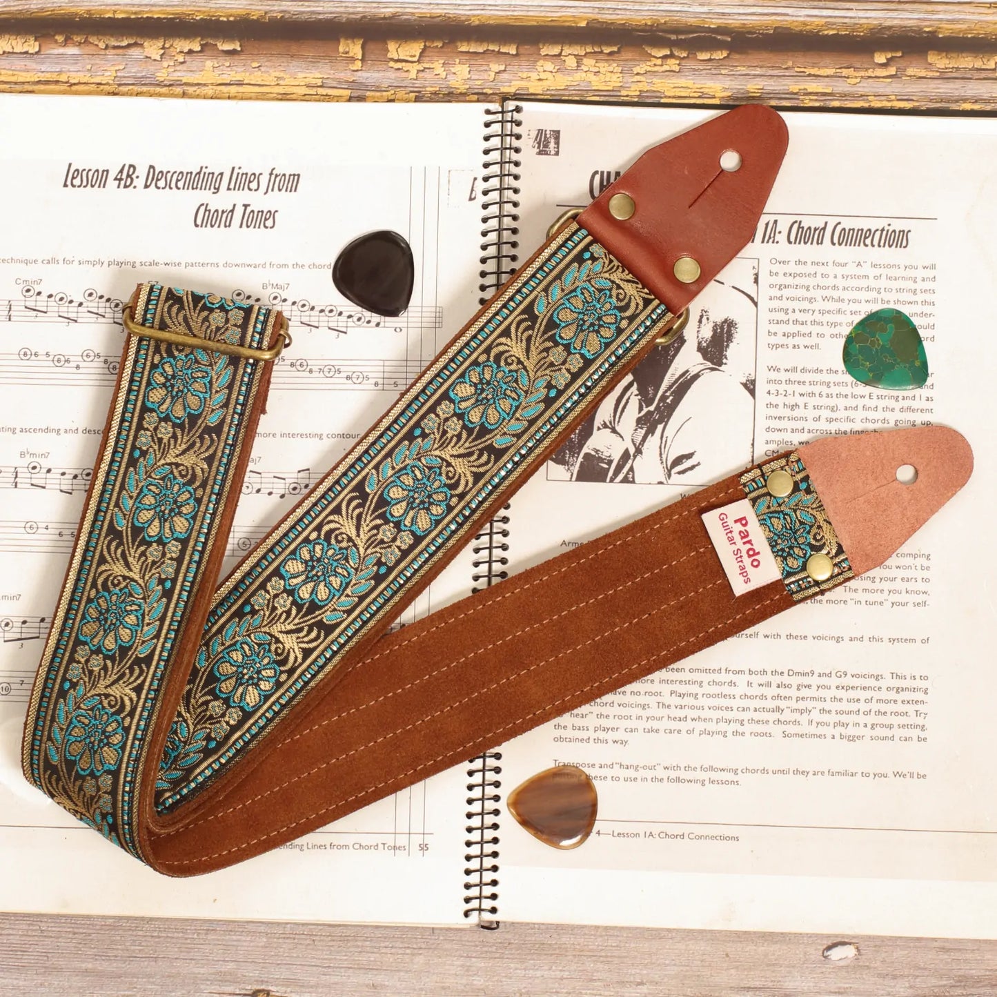 Pardo November Flower Power guitar strap in blue and gold-brown jacquard weave - Backing suede- customizable strap