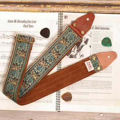 Pardo November Flower Power guitar strap in blue and gold-brown jacquard weave - Backing suede- customizable strap