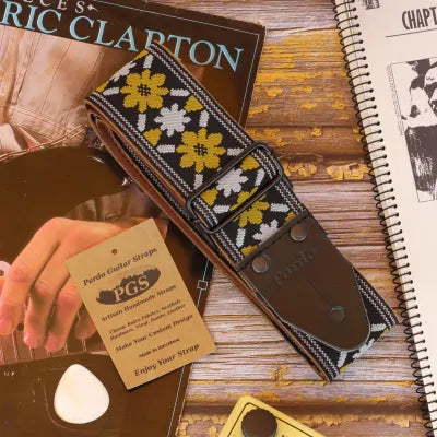 Guitar straps with hippie 60s-style patterns