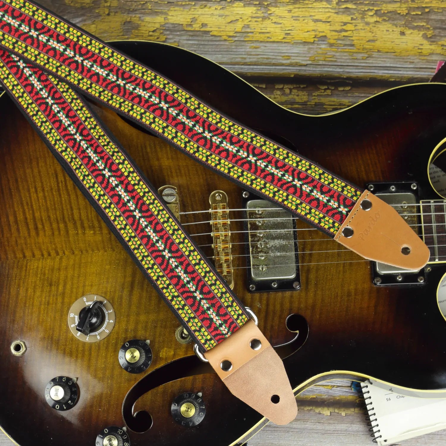 Ledd Zeppelin guitar strap worn by immy Page, retro style guitar strap, paired with a 345 style hollow body electric guitar