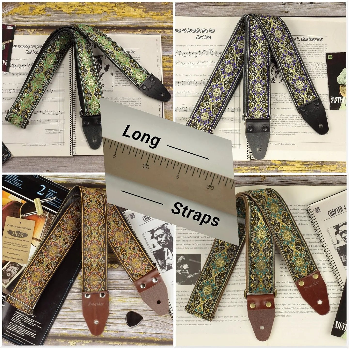 Bunch of guitar strap models with vibrant colors and glittery gold accents, psychedelic patterns, extended straps for tall players
