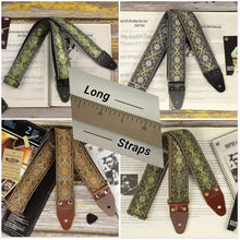 Bunch of guitar strap models with vibrant colors and glittery gold accents, psychedelic patterns, extended straps for tall players
