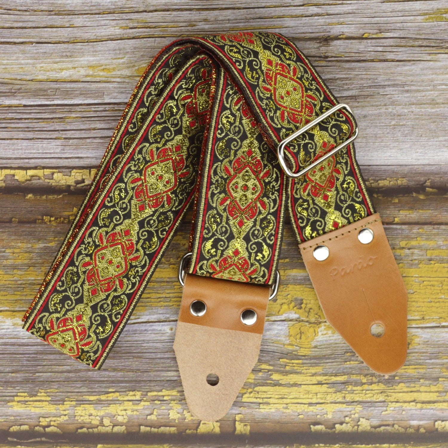 Inferno gold psychedelic long guitar strap in jacquard Old School XL Series