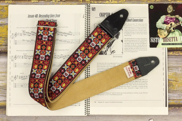 Vintage style guitar strap with a psychedelic pattern, inspired by Jimi Hendrix at the Woodstock Festival.