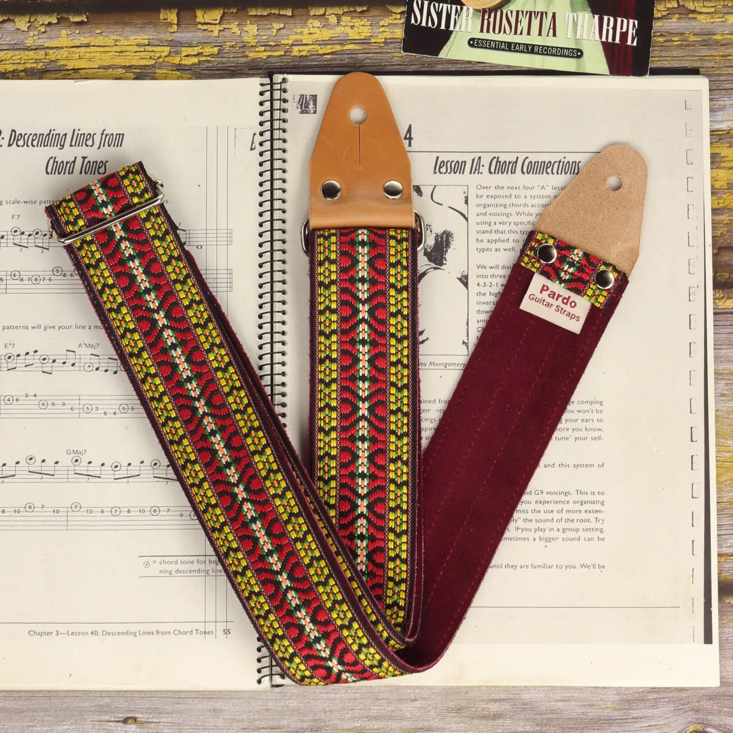 Jimmy Page Hootennany guitar strap vintage pattern - Frontview, leather details, backing details and stitch