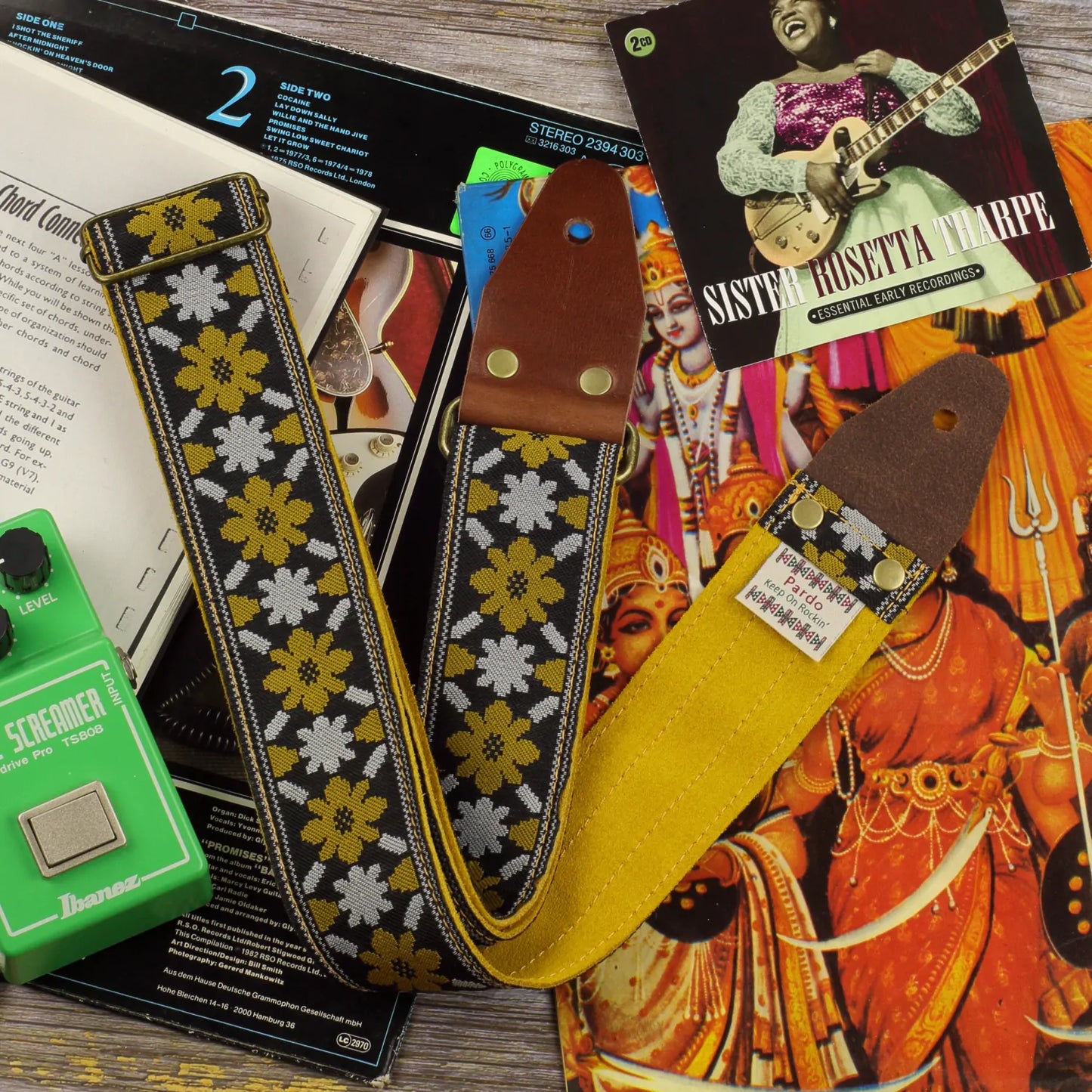 John Lennon Rooftop guitar strap replica with mustard yellow floral pattern and soft suede customizable backing