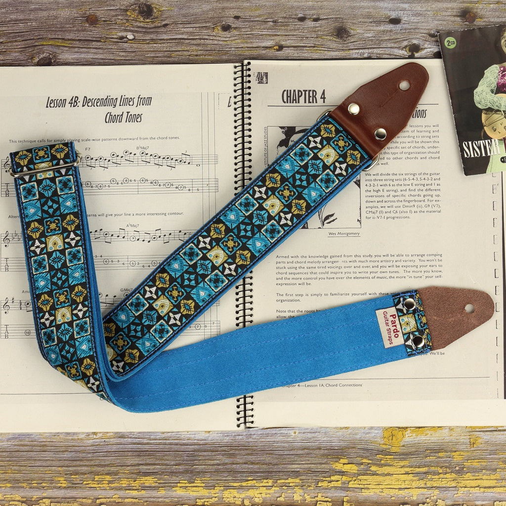 Legendary guitar strap - Blue Woodstock guitar strap -Square patterns