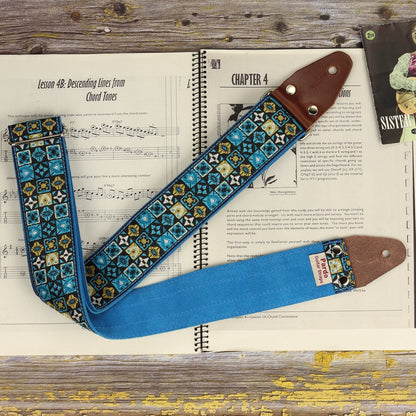 Legendary guitar strap - Blue Woodstock guitar strap -Square patterns