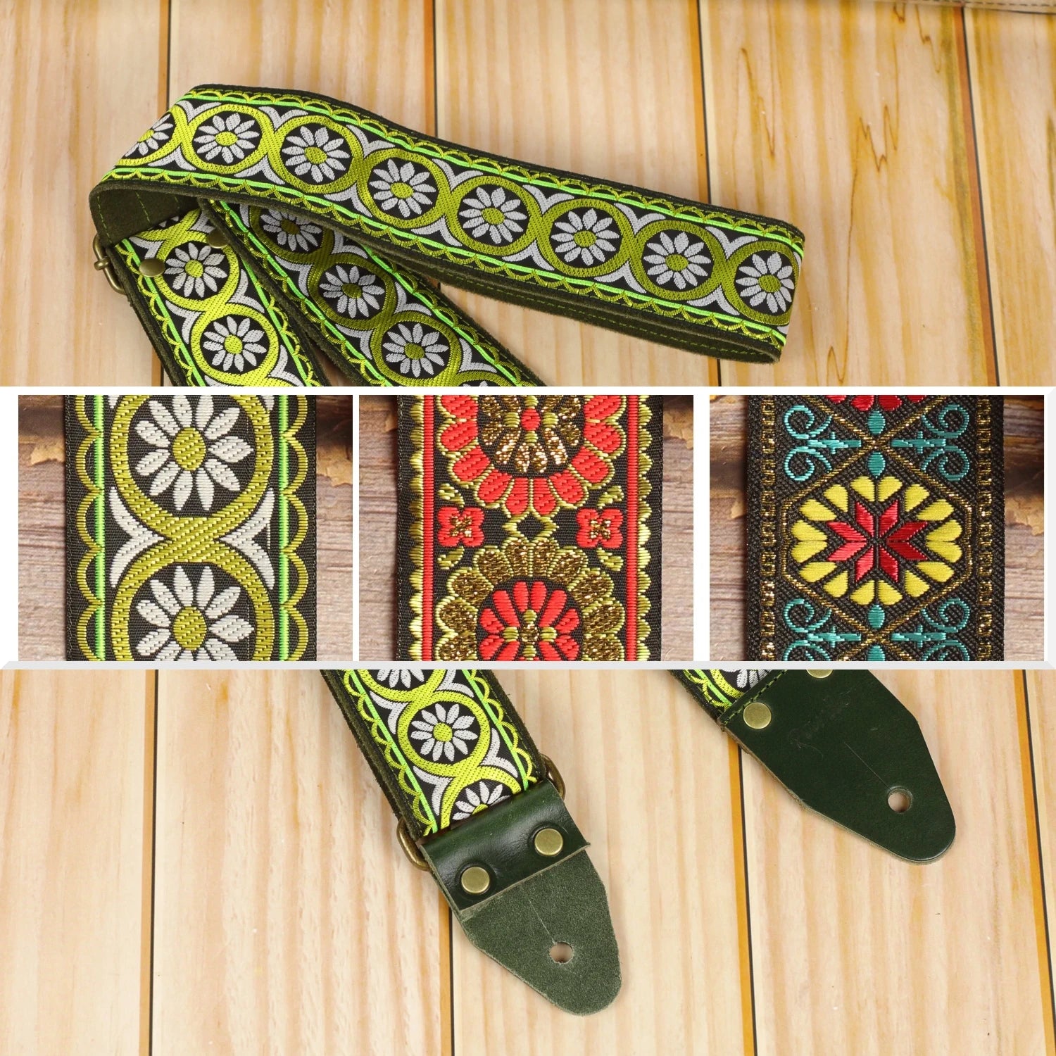 Meadow Echo guitar strap alongside a collage showing the three Garden Trio woven designs: Midnight Carnival, Meadow Echo and Amber Parade.