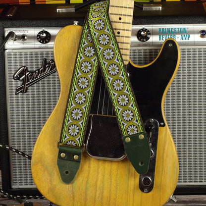Meadow Echo woven guitar strap displayed with a Fender Telecaster 52 and Fender Princeton Reverb Silverface amplifier.