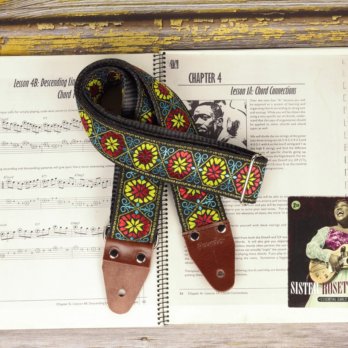 Close-up of the Midnight Carnival strap showing the detailed woven fabric, multicolored motifs and genuine leather ends.