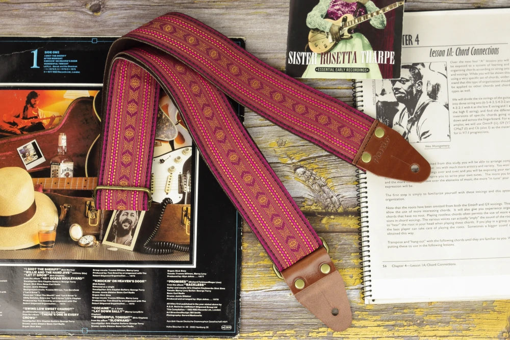 hippie guitar strap made with woven jacquard fabric- Sixties style.