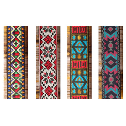 Four Mosaic Quartet guitar strap designs shown together: Prism Mosaic, Crimson Compass, Sunstone Circuit and Canyon Pulse.