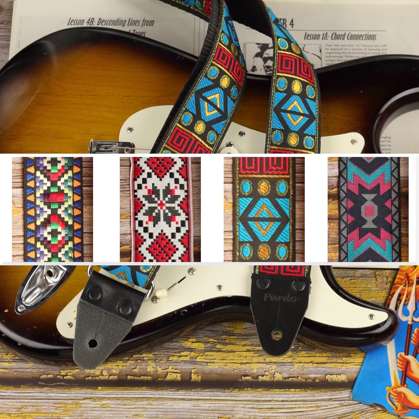 Canyon Pulse guitar strap featured alongside a collage showing the four available Mosaic Quartet designs.