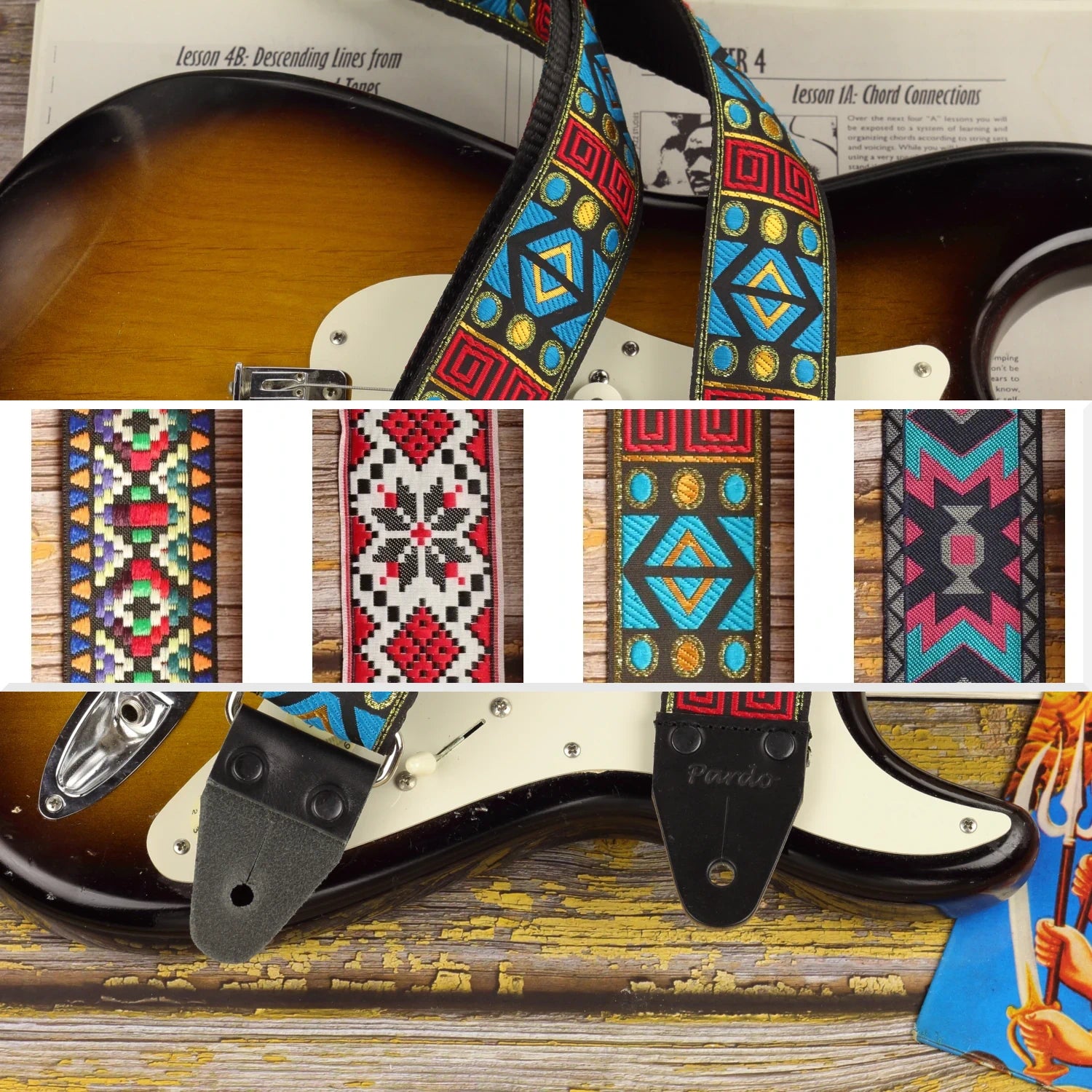 Canyon Pulse guitar strap featured alongside a collage showing the four available Mosaic Quartet designs.