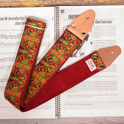 Guitar straop with red , green, yellow and black vibrant color - model Eagle- With backing red burgundy suede