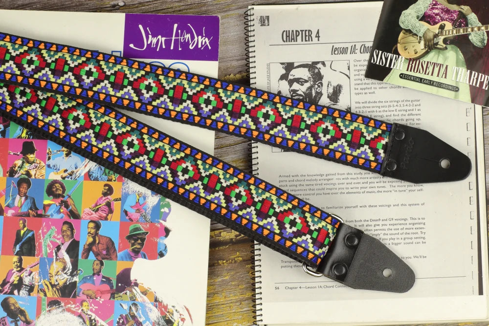 Tribal and native style woven guitar strap with a geometric and colorful patterns