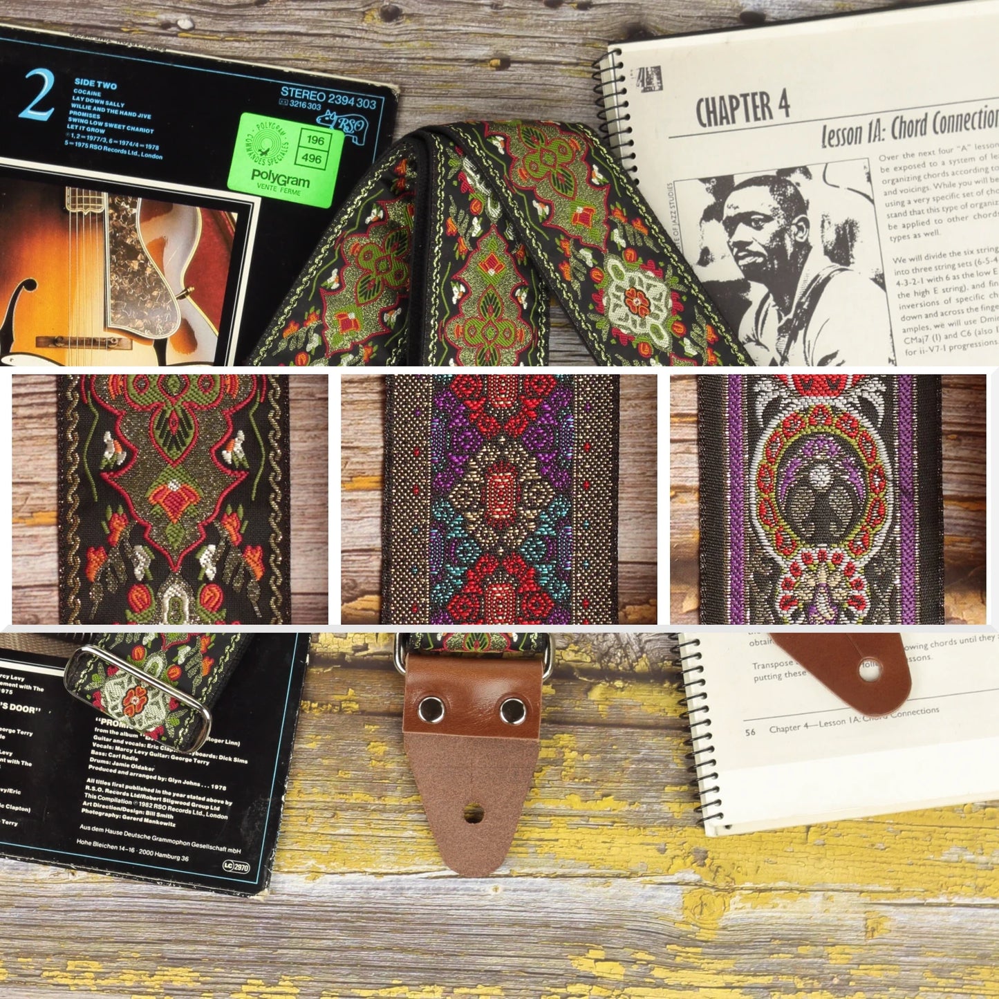 Red Fly guitar strap featured alongside a collage showing the three Nocturne Gallery designs: Red Fly, Purple Frame and King.