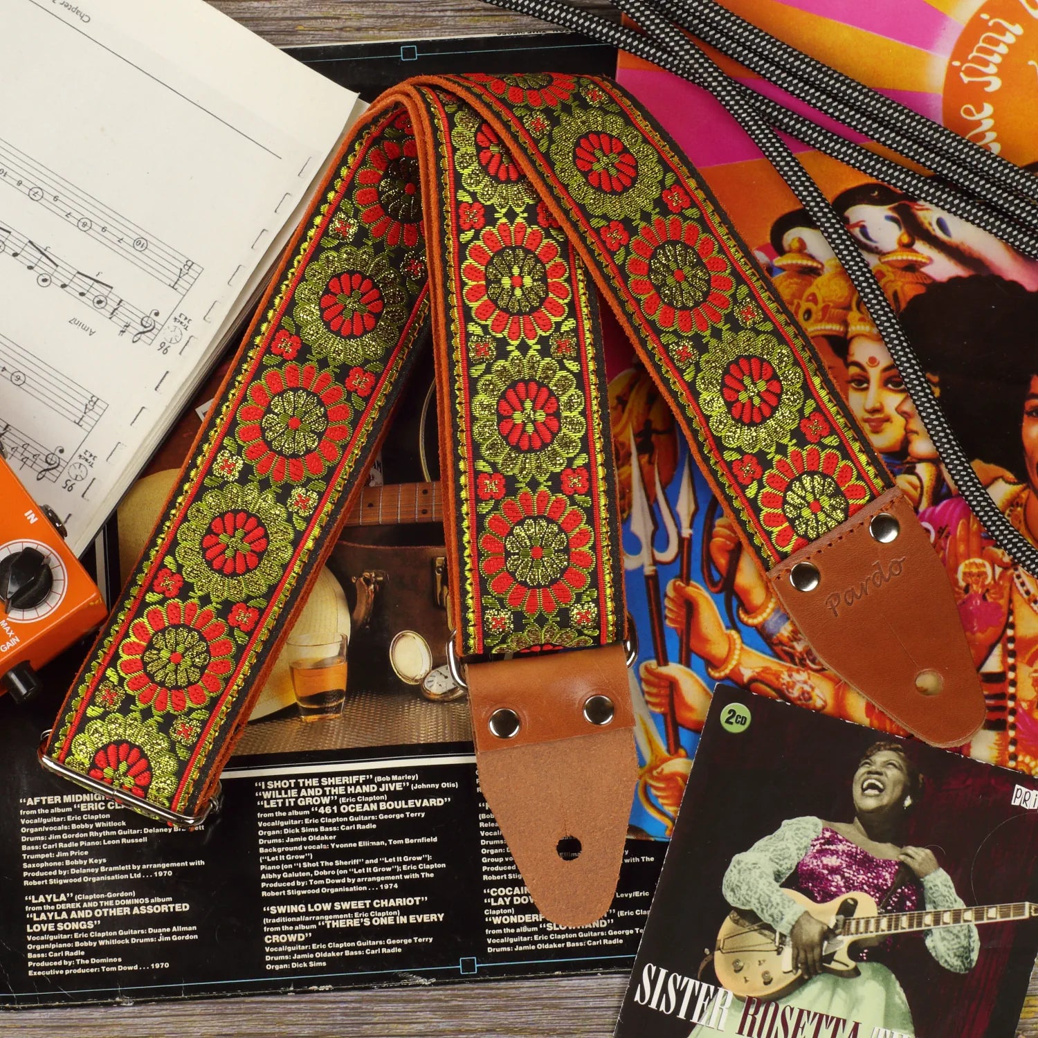 Orange boho floral long guitar strap festival style jacquard
