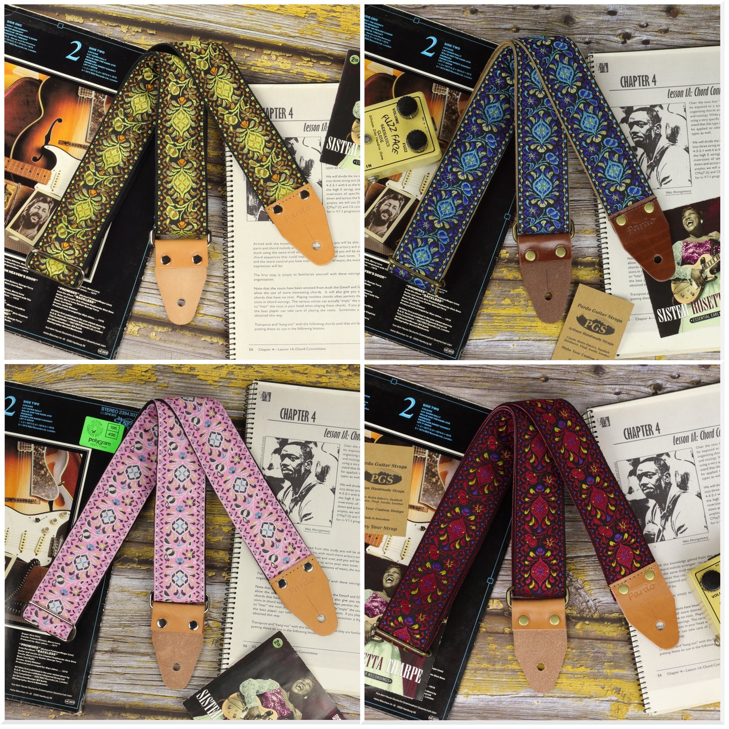 ornamental jacquard long guitar strap series collage showing multiple color variants with vintage decorative pattern