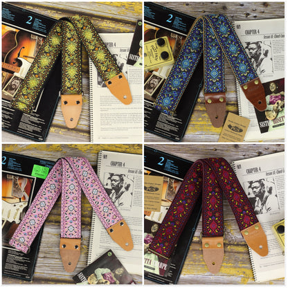 ornamental jacquard long guitar strap series collage showing multiple color variants with vintage decorative pattern