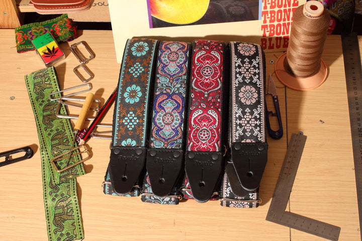 pardo straps workshop with a bunch of guitar straps ready for ship.