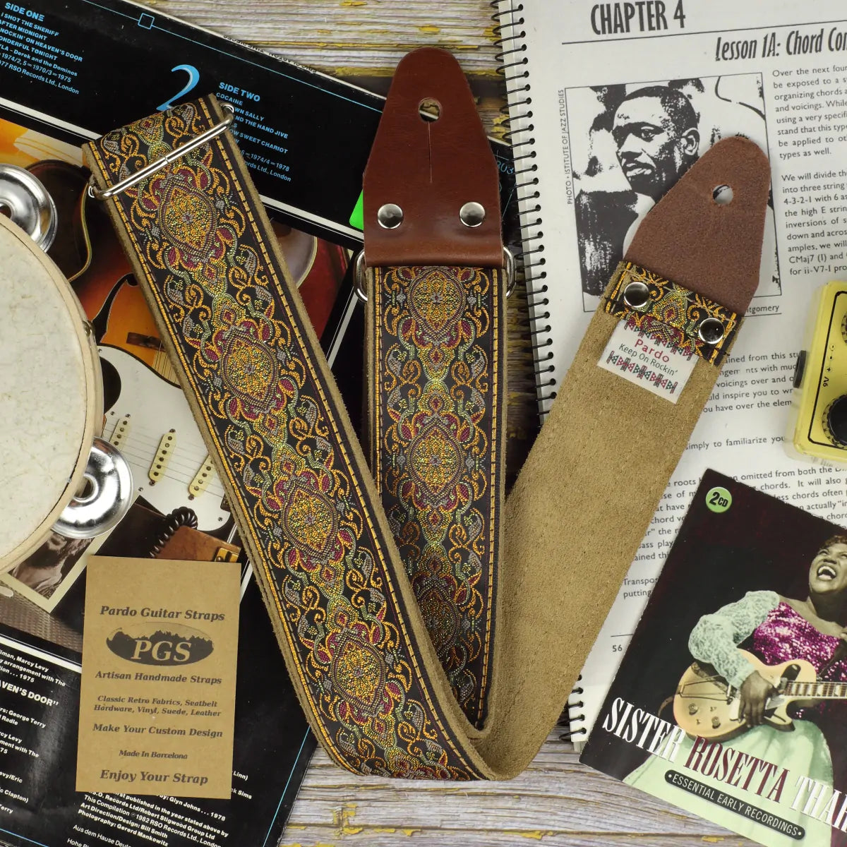 Handmade Jacquard guitar straps by Pardo Straps, featuring vintage-inspired psychedelic patterns and custom name engraving.