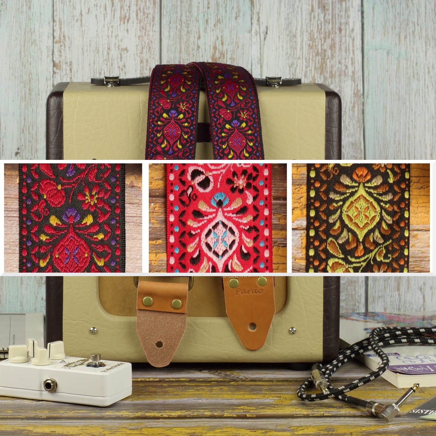 Burgundy Pheasant guitar strap displayed on a Fender Champion 600 with a collage showing the Burgundy, Red and Ochre colorways
