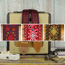 Burgundy Pheasant guitar strap displayed on a Fender Champion 600 with a collage showing the Burgundy, Red and Ochre colorways