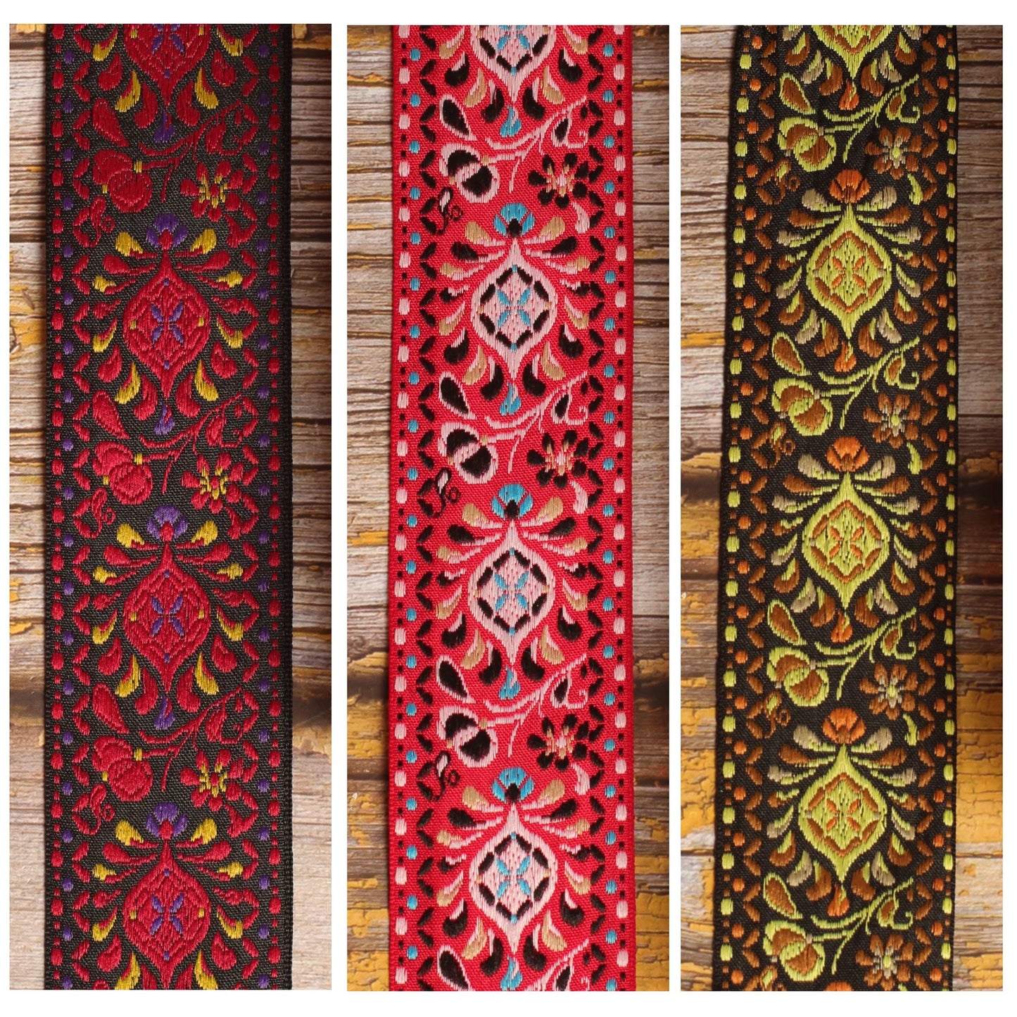 Pheasant Ember Trio collage showing Burgundy, Red and Ochre Pheasant woven strap colorways