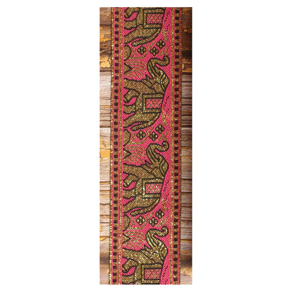 Pink and gold elephant guitar strap with decorative woven jacquard pattern and metallic details