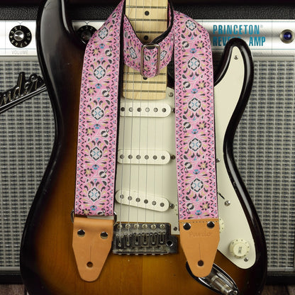Pink Pheasant jacquard guitar strap on a sunburst Fender Stratocaster with Princeton Reverb amplifier