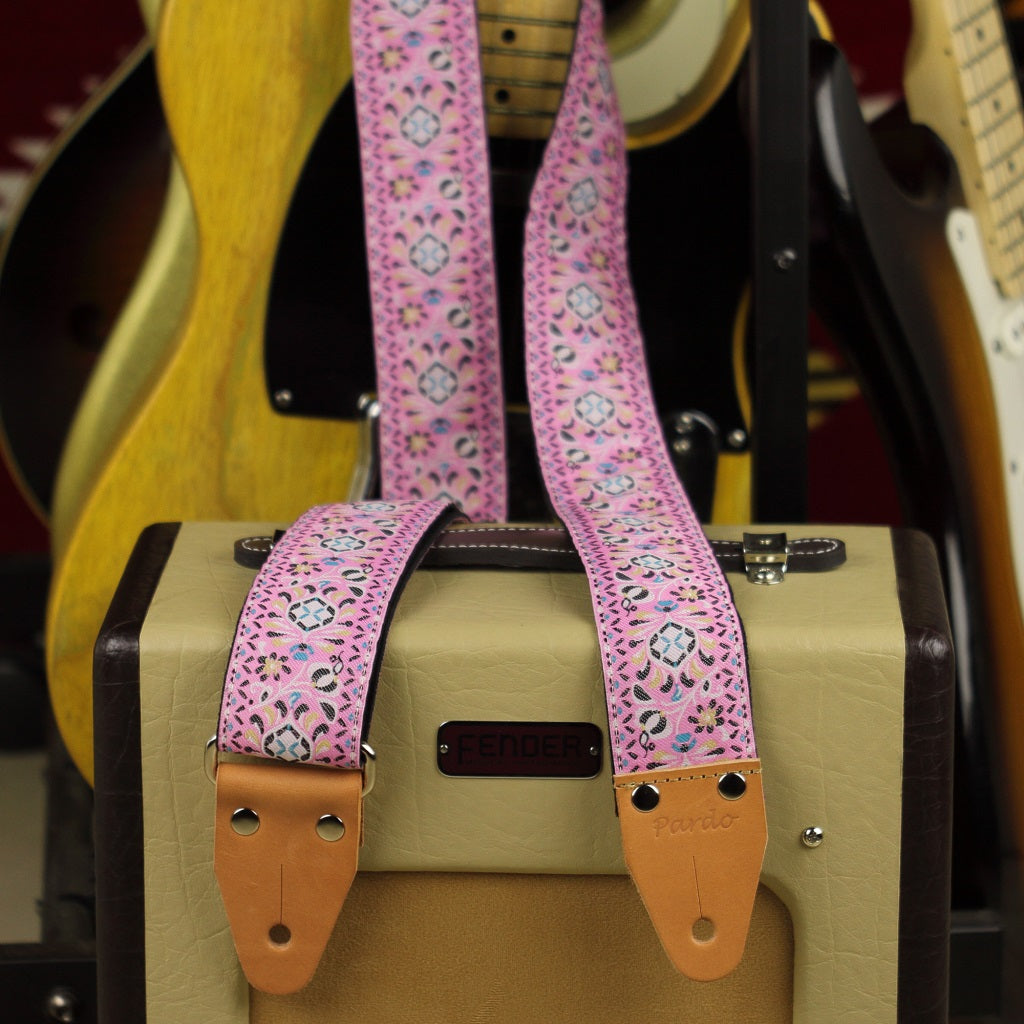 Pink Pheasant jacquard guitar strap with pink woven pattern