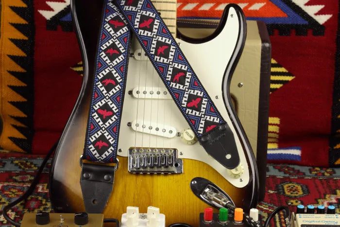 retro woven guitar strap with a bohemian patterns of red birds