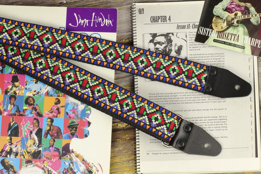 Close-up of the Prism Mosaic strap showing the multicolored jacquard pattern, black leather ends and chrome hardware.