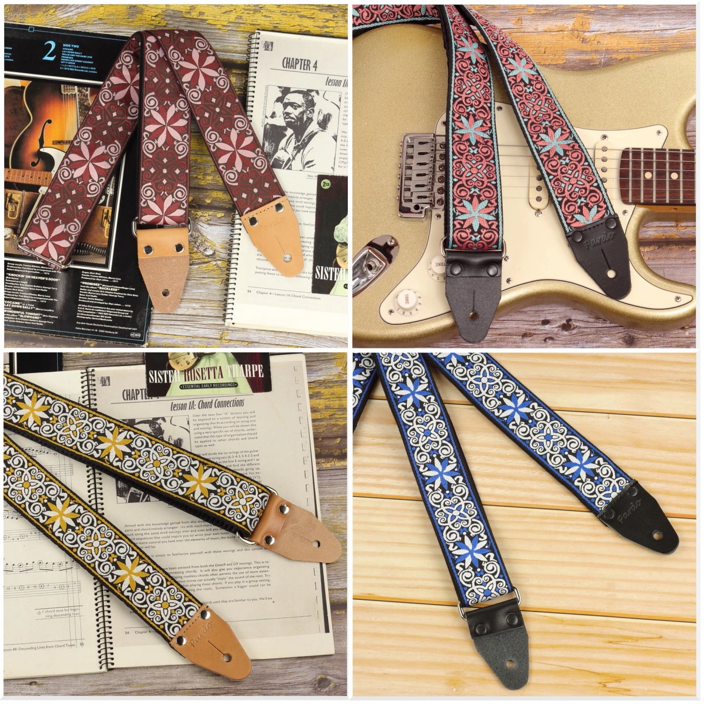 Psychedelic mosaic guitar strap Astral XL series showing four color variations with intricate geometric pattern