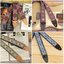 Psychedelic mosaic guitar strap Astral XL series showing four color variations with intricate geometric pattern