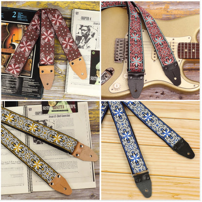 Psychedelic mosaic guitar strap Astral XL series showing four color variations with intricate geometric pattern
