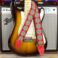 Red boho floral long guitar strap jacquard pattern