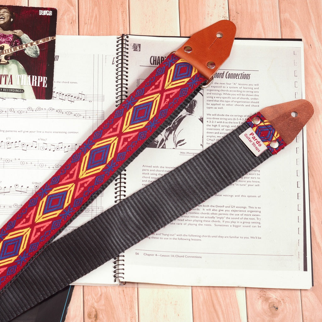 Handcrafted Red Chief guitar strap with durable materials - backing black seatbelt , strong and durable