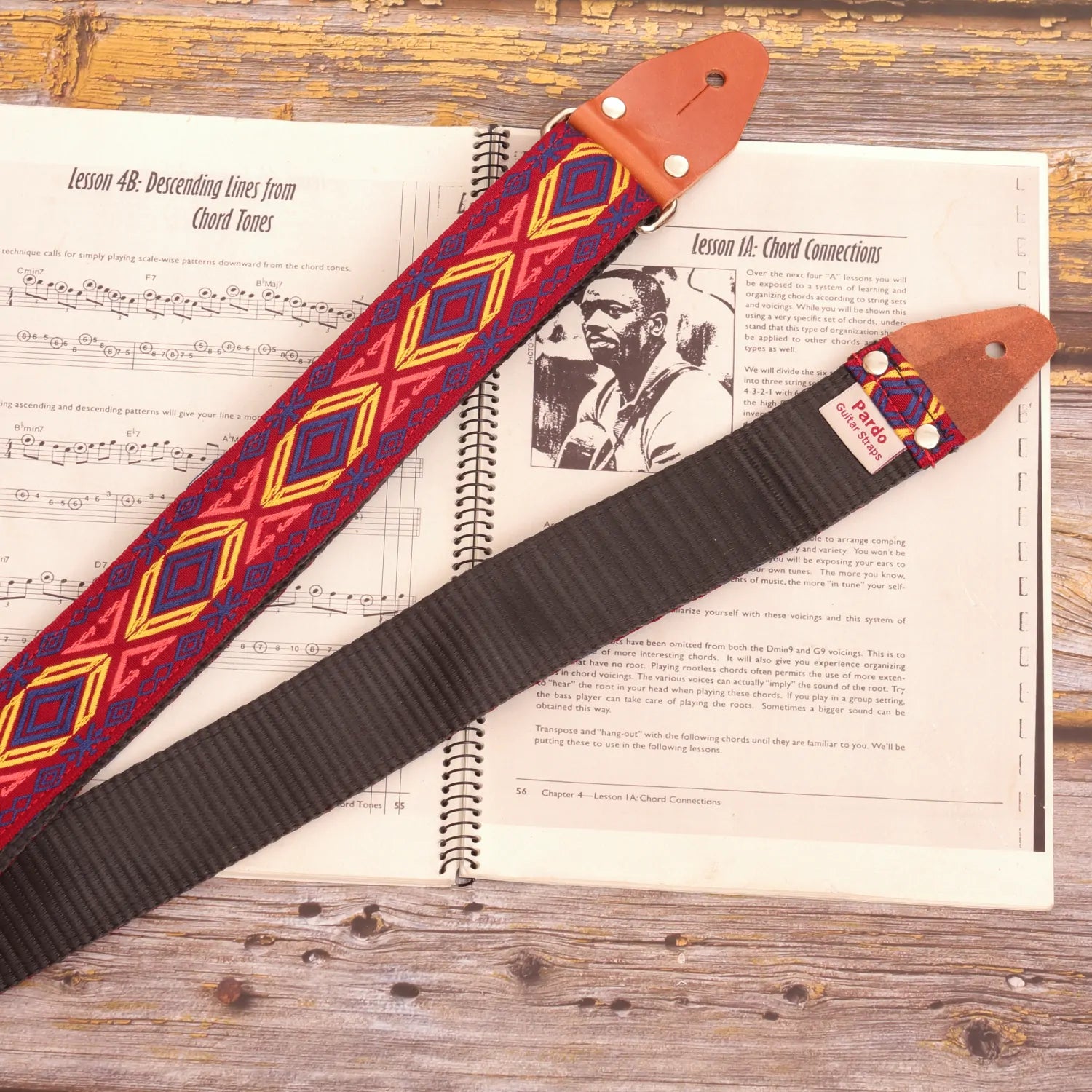 Handcrafted Red Chief guitar strap with durable materials - backing black seatbelt , strong and durable