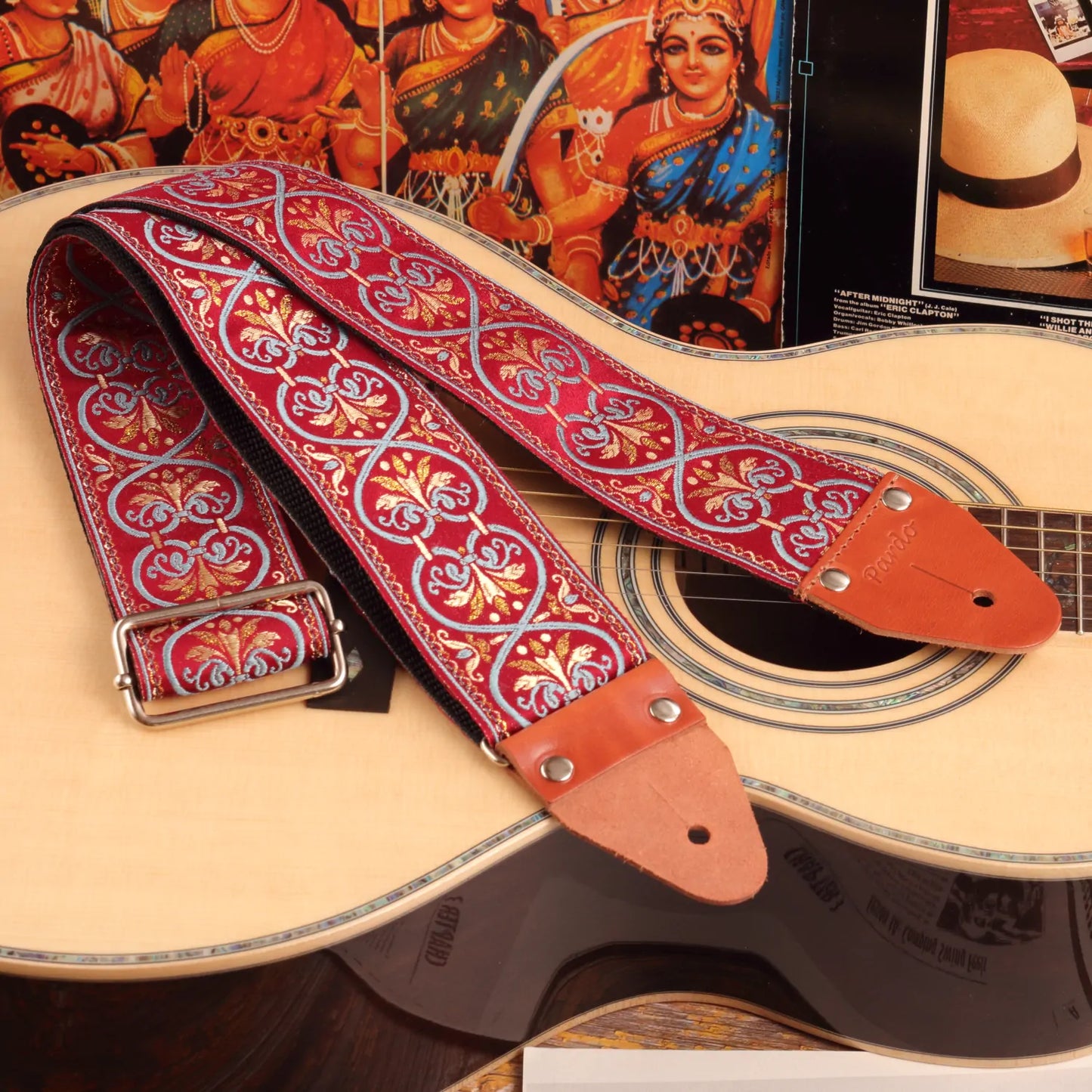 Strap on a acoustic guitar, emphasizing comfort on shoulder and back