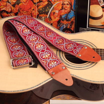 Strap on a acoustic guitar, emphasizing comfort on shoulder and back