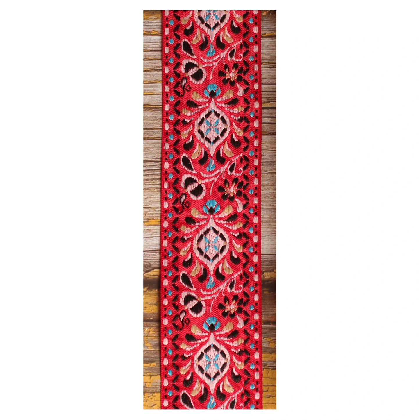 Red Pheasant woven strap pattern with pink, turquoise, cream and dark decorative details