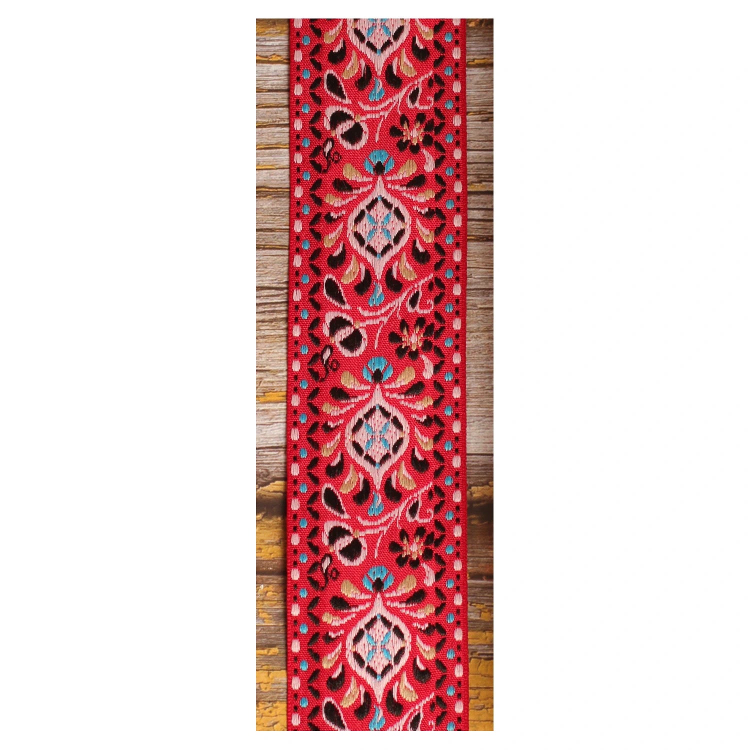 Red Pheasant woven strap pattern with pink, turquoise, cream and dark decorative details