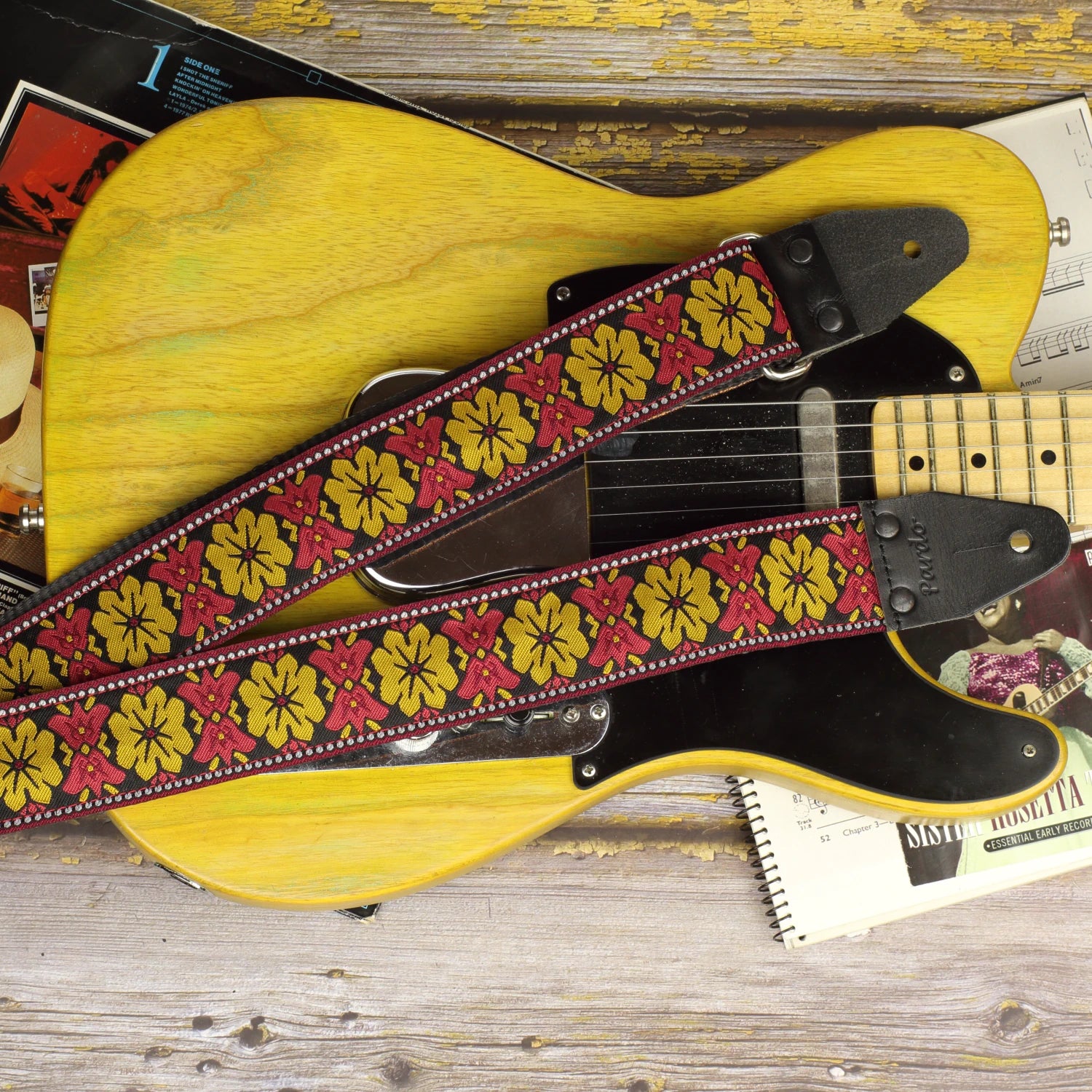 Close-up of the Retro Bell woven pattern alongside a Fender Telecaster 52, highlighting the decorative motifs and detailed textile construction.